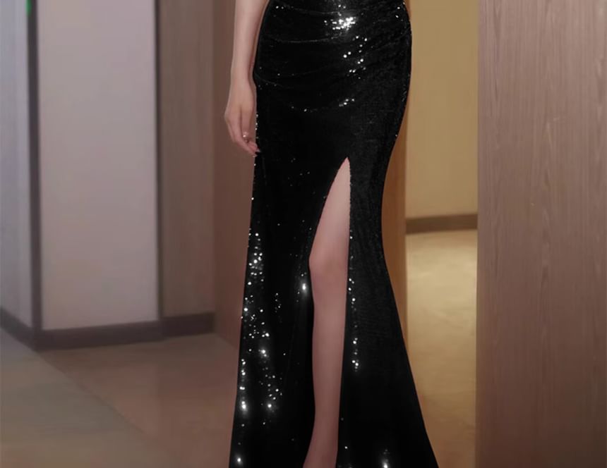 Off-Shoulder Plain Sequin Ruched Trained Slit Mermaid Evening Gown