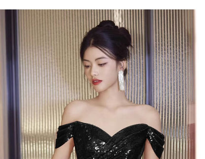 Off-Shoulder Plain Sequin Ruched Trained Slit Mermaid Evening Gown