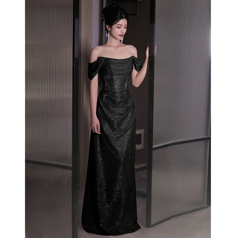 Off-Shoulder Plain Glitter Ruched A-Line Evening Gown