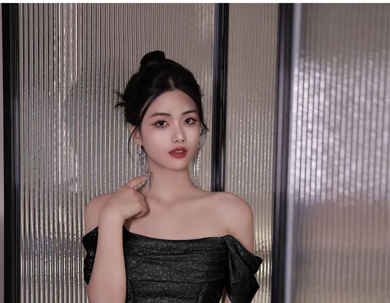 Evening Gown Off-Shoulder Glitter Plain A-Line Ruched