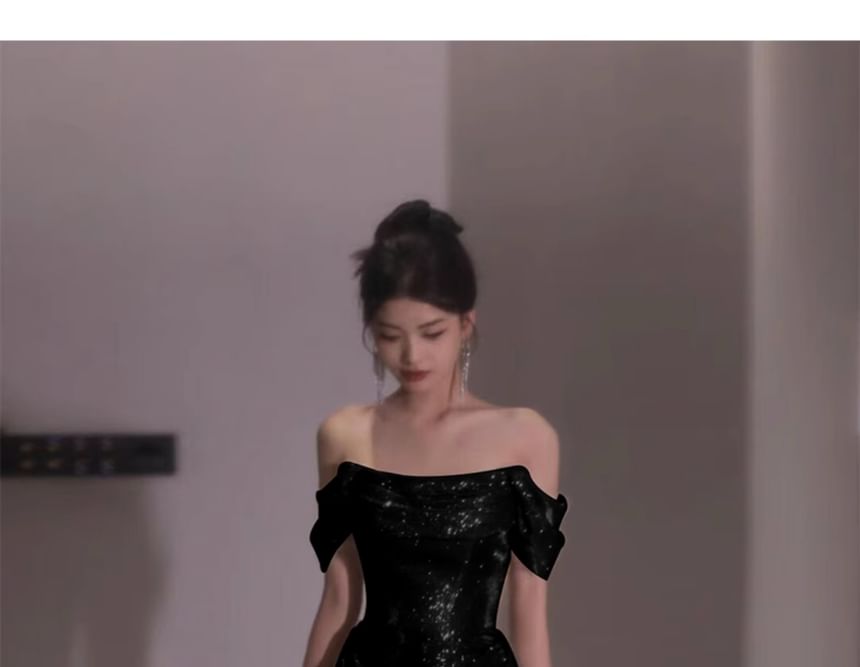 Evening Gown Off-Shoulder Glitter Plain A-Line Ruched