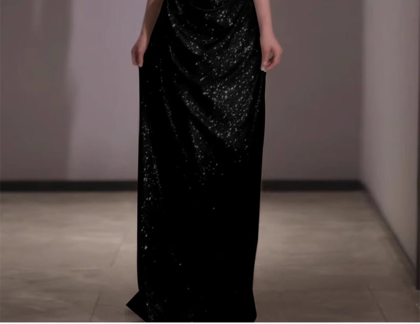 Evening Gown Off-Shoulder Glitter Plain A-Line Ruched