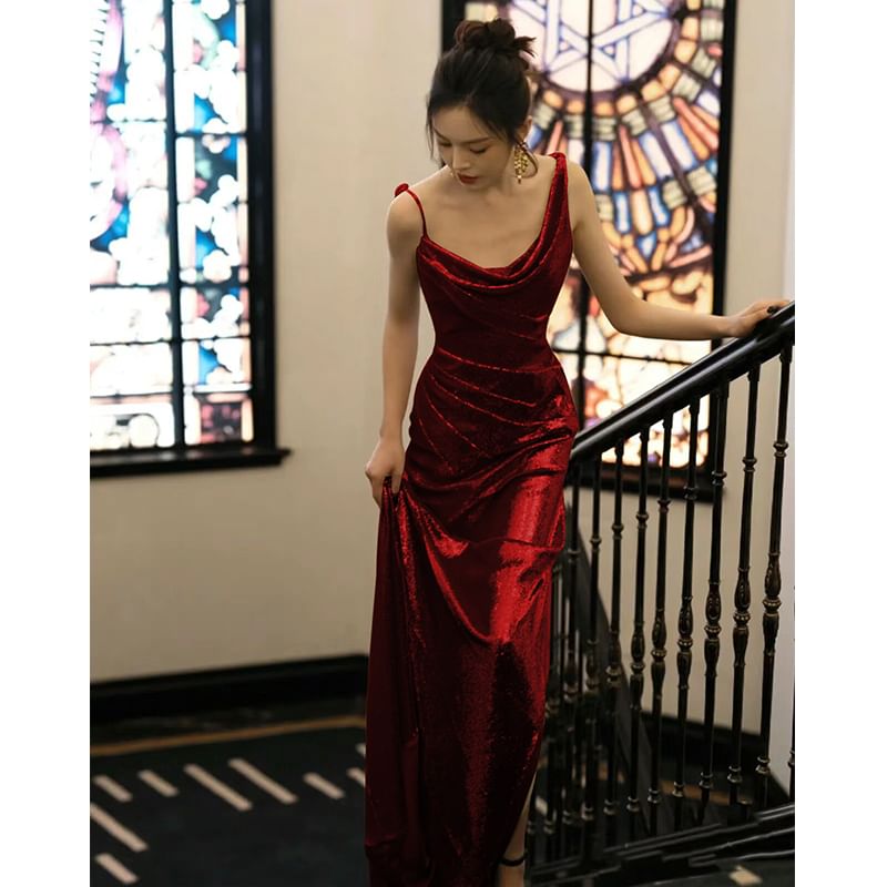 Open Evening Spaghetti Back Strap Cowl Plain Sequin Neck Gown Mermaid