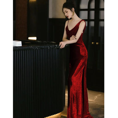 Open Evening Spaghetti Back Strap Cowl Plain Sequin Neck Gown Mermaid