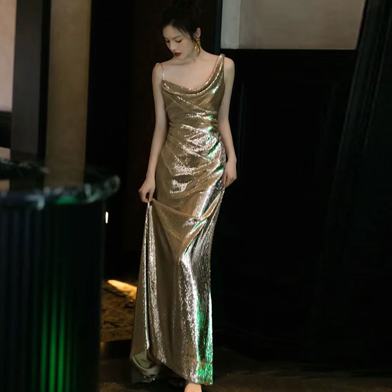 Open Evening Spaghetti Back Strap Cowl Plain Sequin Neck Gown Mermaid