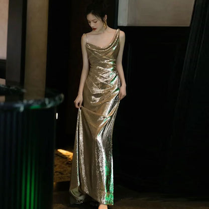 Open Evening Spaghetti Back Strap Cowl Plain Sequin Neck Gown Mermaid