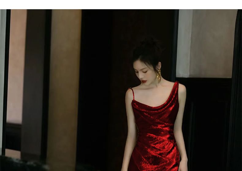 Open Evening Spaghetti Back Strap Cowl Plain Sequin Neck Gown Mermaid