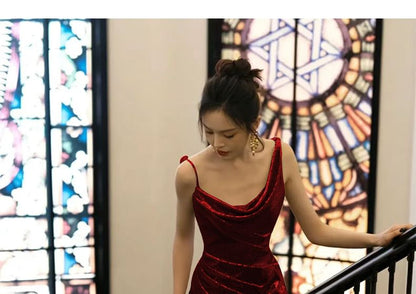 Open Evening Spaghetti Back Strap Cowl Plain Sequin Neck Gown Mermaid