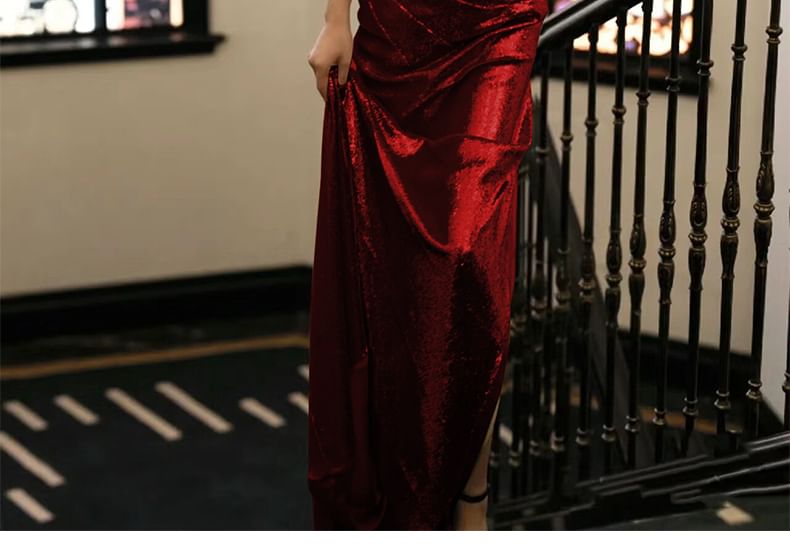 Open Evening Spaghetti Back Strap Cowl Plain Sequin Neck Gown Mermaid