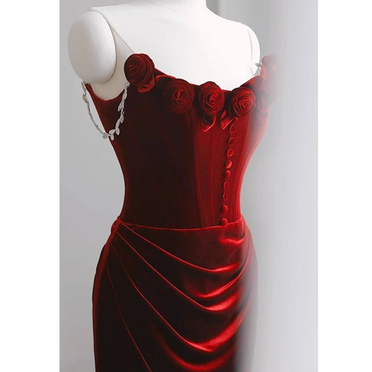 Off-Shoulder Plain Floral Accent Ruched Trained Corset Velvet Mermaid Evening Gown