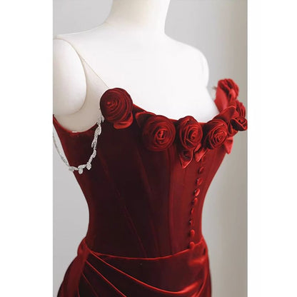 Off-Shoulder Plain Floral Accent Ruched Trained Corset Velvet Mermaid Evening Gown