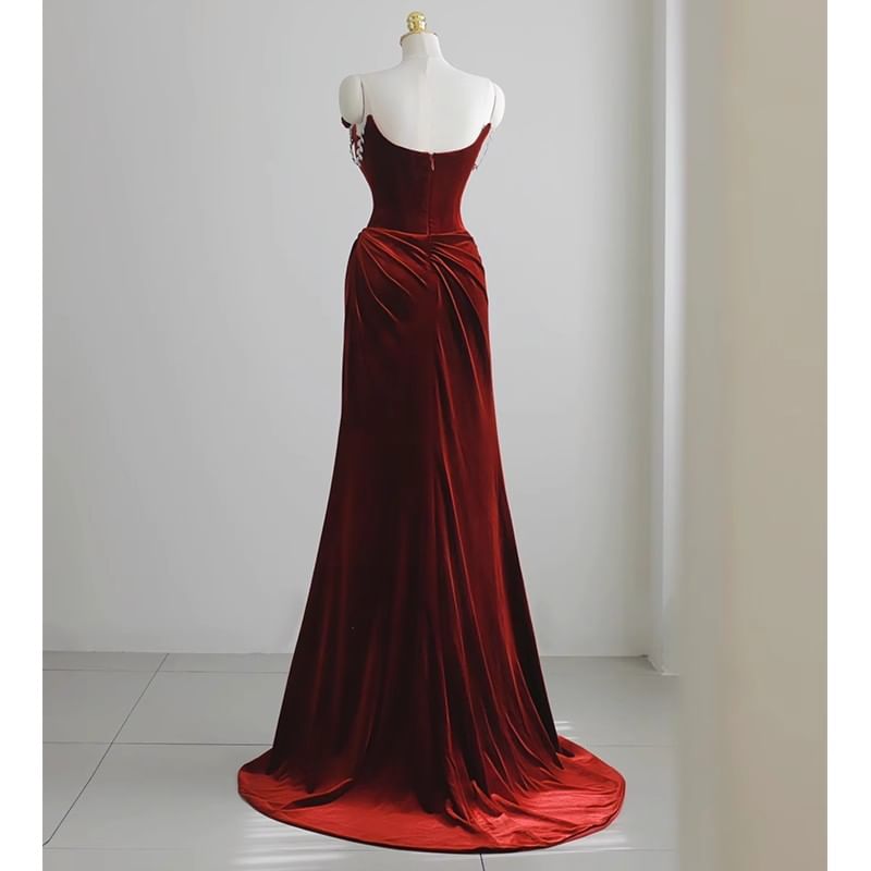 Off-Shoulder Plain Floral Accent Ruched Trained Corset Velvet Mermaid Evening Gown