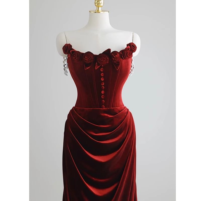 Ruched Gown Mermaid Accent Floral Trained Velvet Off-Shoulder Plain Corset Evening