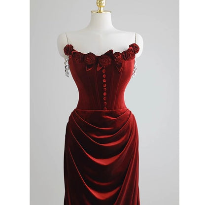 Ruched Gown Mermaid Accent Floral Trained Velvet Off-Shoulder Plain Corset Evening