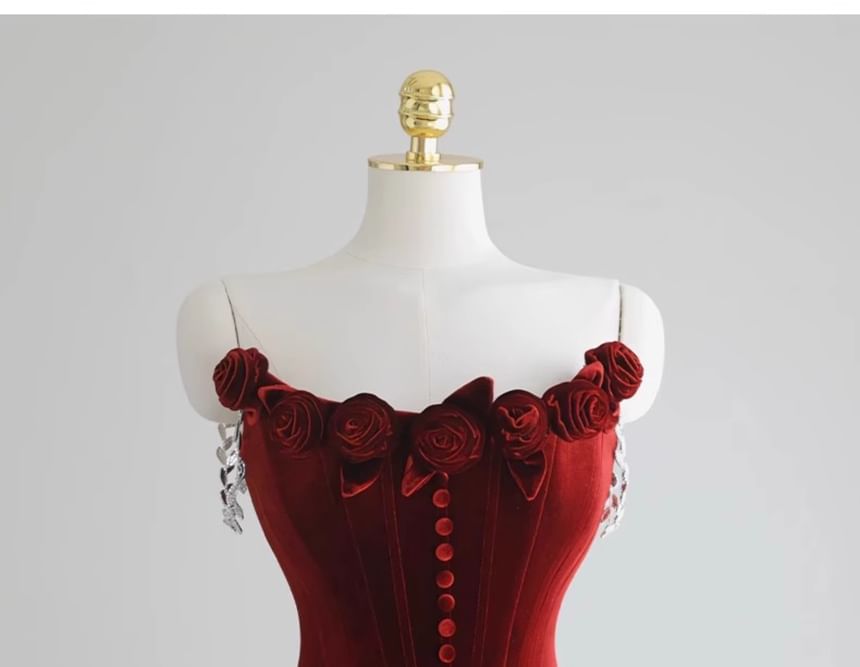 Off-Shoulder Plain Floral Accent Ruched Trained Corset Velvet Mermaid Evening Gown