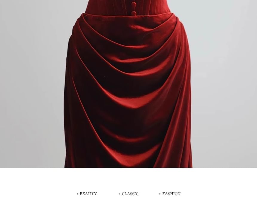 Off-Shoulder Plain Floral Accent Ruched Trained Corset Velvet Mermaid Evening Gown