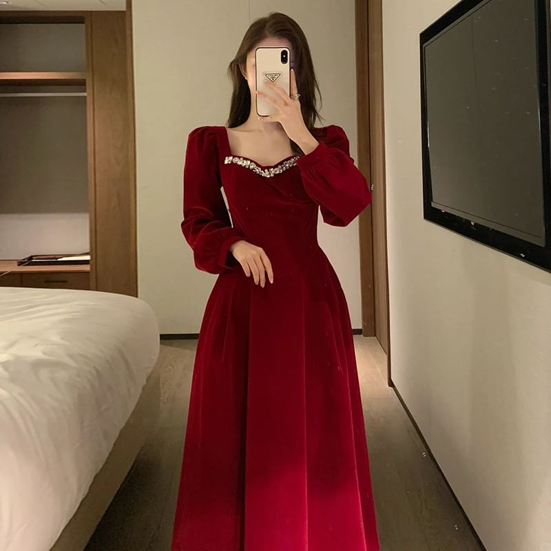 Long-Sleeve Accent Plain Gown Evening V-Neck Rhinestone A-Line