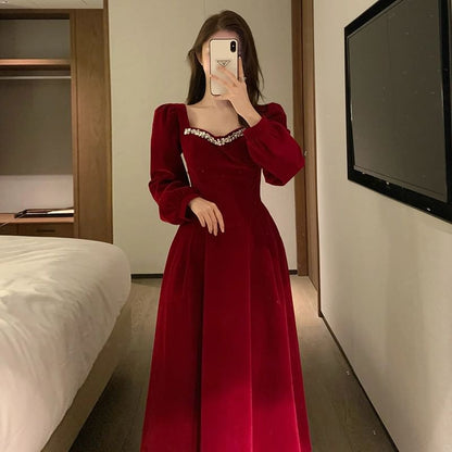 Long-Sleeve Accent Plain Gown Evening V-Neck Rhinestone A-Line