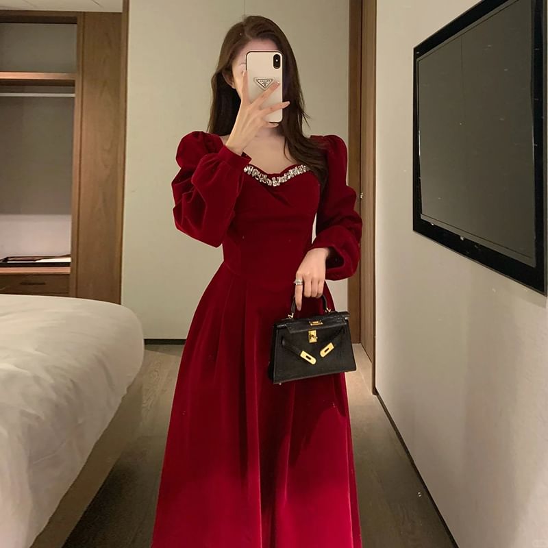 Long-Sleeve Accent Plain Gown Evening V-Neck Rhinestone A-Line