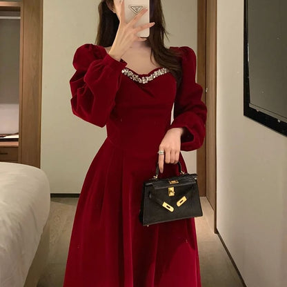 Long-Sleeve Accent Plain Gown Evening V-Neck Rhinestone A-Line