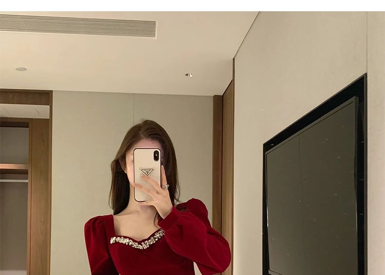 Long-Sleeve Accent Plain Gown Evening V-Neck Rhinestone A-Line