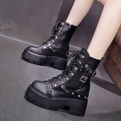 Faux Leather Platform Chunky Heel Buckled Lace-Up Short Boots