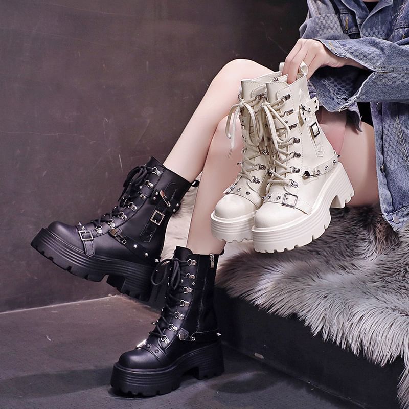Faux Leather Platform Chunky Heel Buckled Lace-Up Short Boots