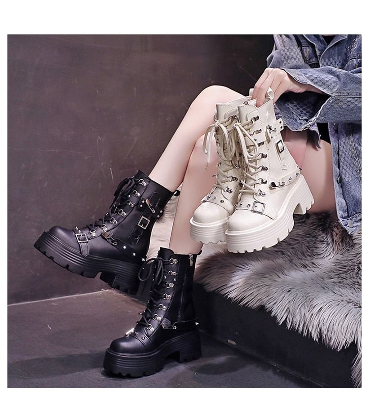 Faux Leather Platform Chunky Heel Buckled Lace-Up Short Boots