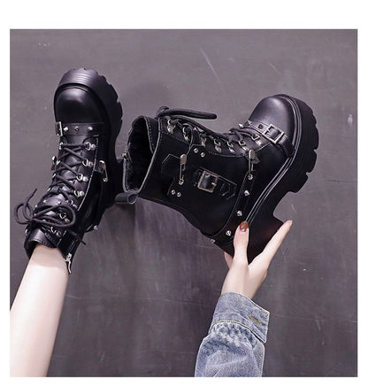 Faux Leather Platform Chunky Heel Buckled Lace-Up Short Boots