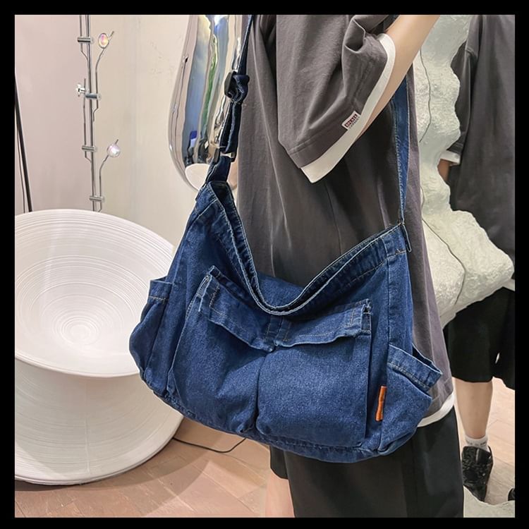 Multi-Pocket Denim Crossbody Bag