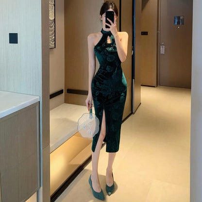 Halter Floral Cutout Side-Slit Midi Qipao