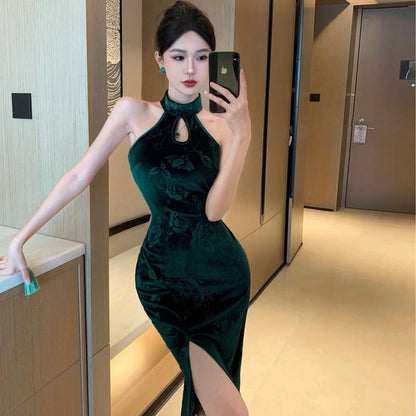 Halter Floral Cutout Side-Slit Midi Qipao