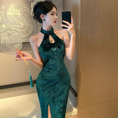 Halter Floral Cutout Side-Slit Midi Qipao