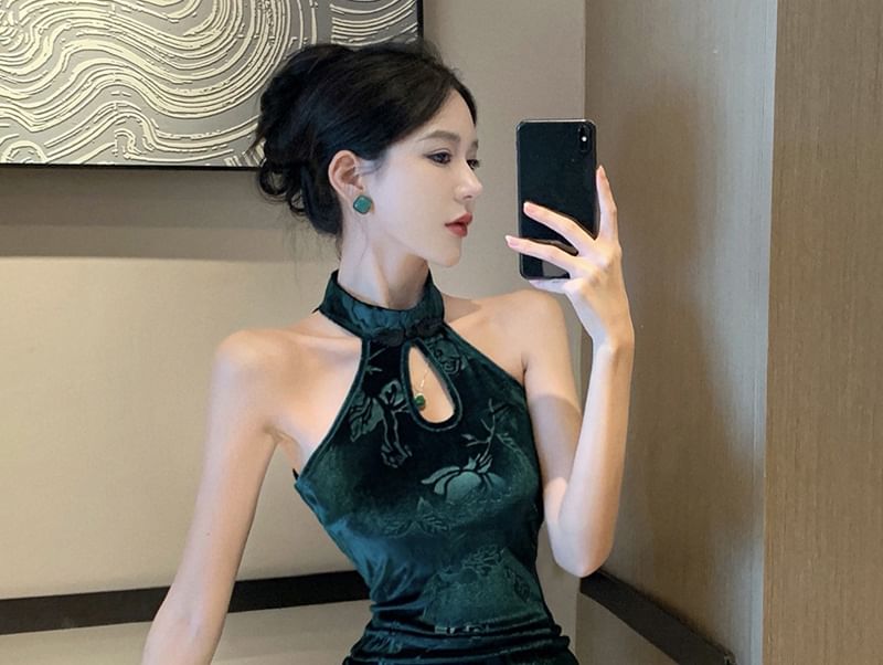 Halter Floral Cutout Side-Slit Midi Qipao