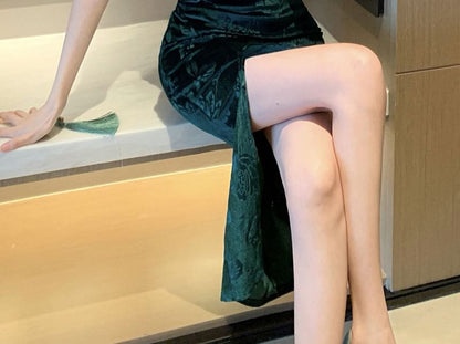 Halter Floral Cutout Side-Slit Midi Qipao