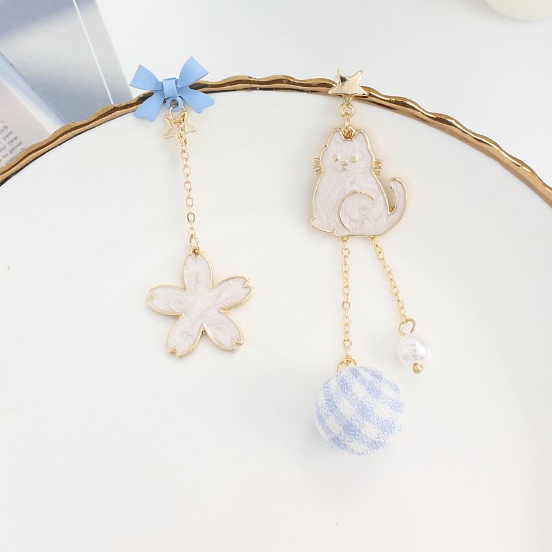 Cat Floral Asymmetrical Alloy Dangle Earring
