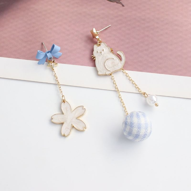 Cat Floral Asymmetrical Alloy Dangle Earring
