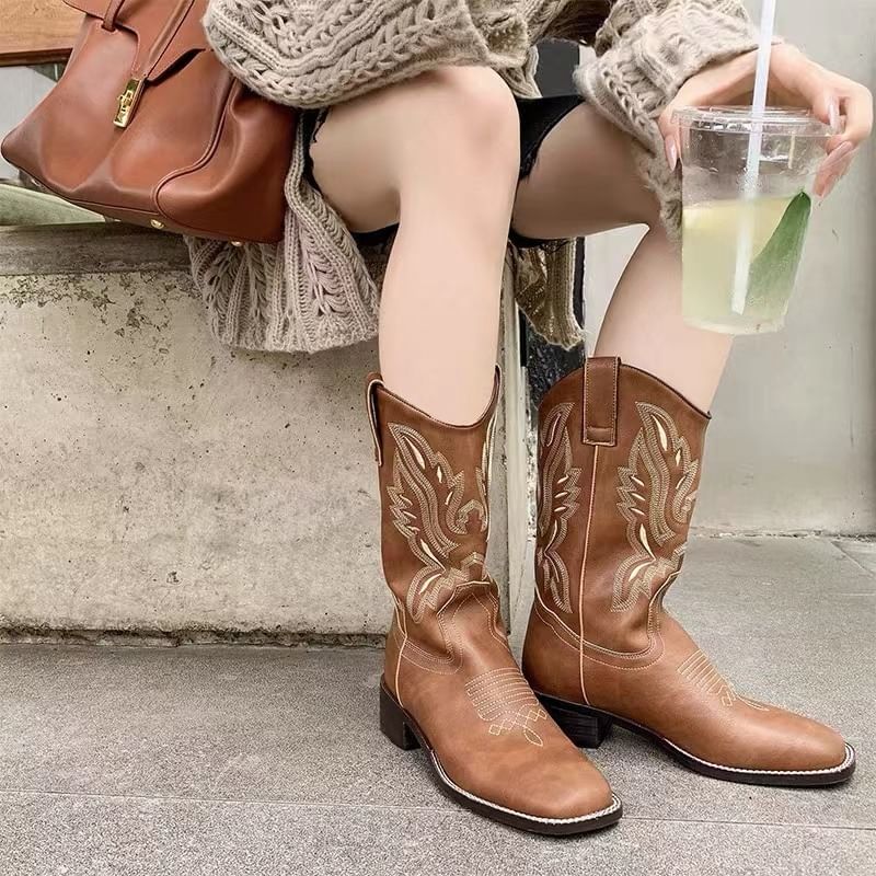 Embroidered Trim Chunky Heel Wide-Calf Mid Calf Boots