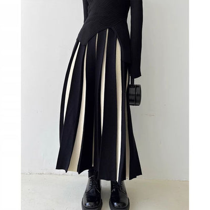 High Rise Two Tone Pleated Knit Midi A-Line Skirt