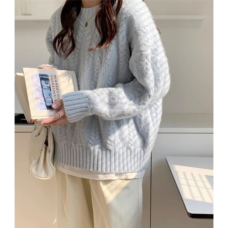 Crew Neck Plain Cable Knit Sweater