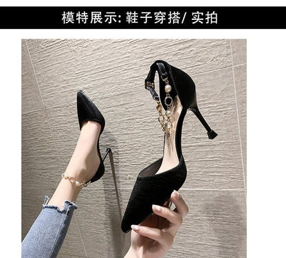 Pointed Toe Faux Pearl Ankle Strap D'Orsay Pumps