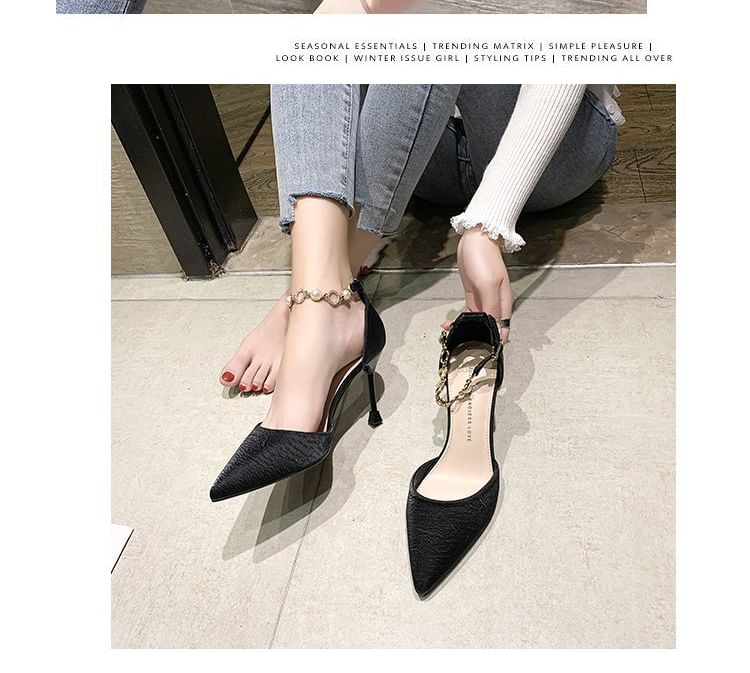 Pointed Toe Faux Pearl Ankle Strap D'Orsay Pumps