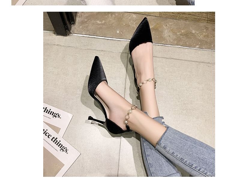 Pointed Toe Faux Pearl Ankle Strap D'Orsay Pumps