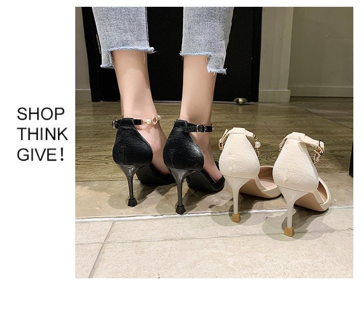 Pointed Toe Faux Pearl Ankle Strap D'Orsay Pumps