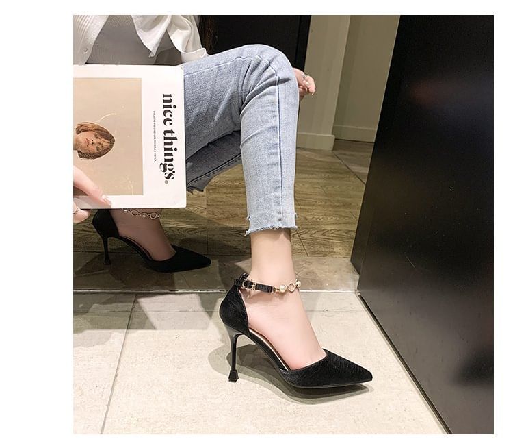Pointed Toe Faux Pearl Ankle Strap D'Orsay Pumps