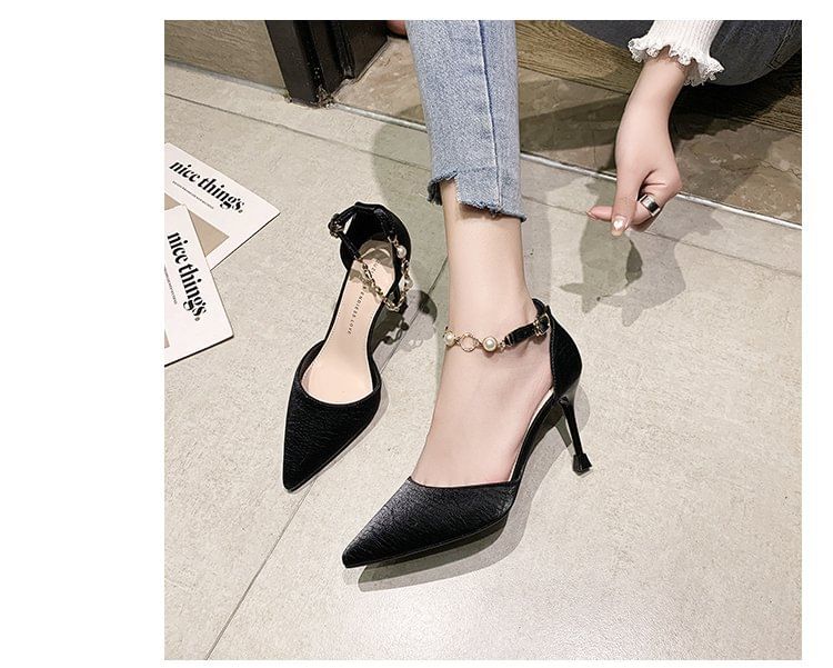 Pointed Toe Faux Pearl Ankle Strap D'Orsay Pumps