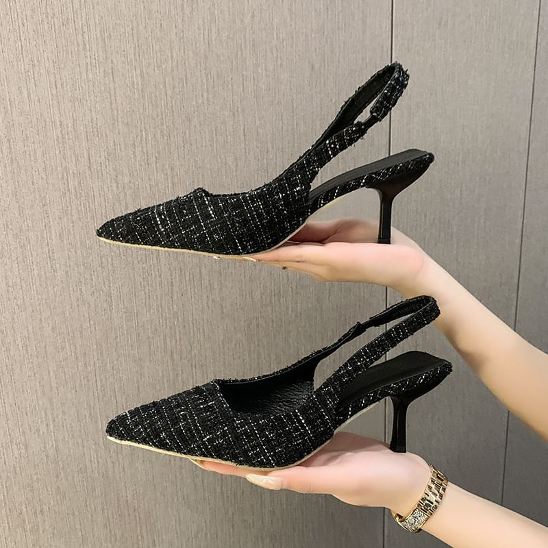 Pointed Toe Tweed Slingback Pumps