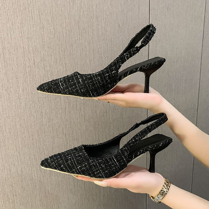 Pointed Toe Tweed Slingback Pumps