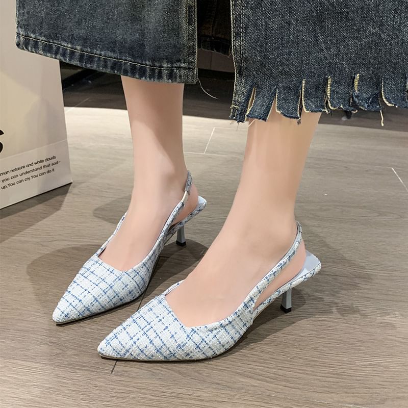 Pointed Toe Tweed Slingback Pumps