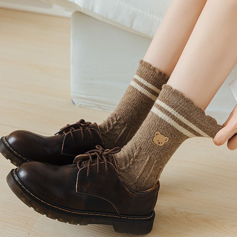 Bear Embroidered Striped Socks